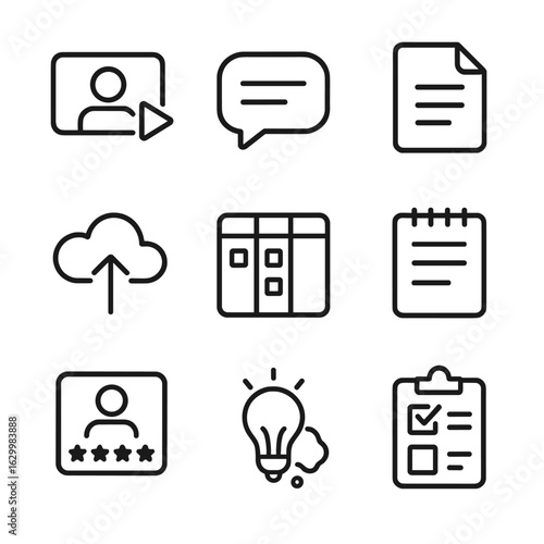 Collaborative Tools Icons. Outline icon set of collaborative tools: video call, chat bubble, document, cloud storage, task board,