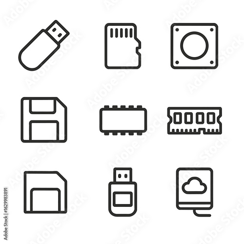 Flash Storage Icons. Outline icon set of flash storage devices: USB flash drive, microSD card, flash memory, flash disk, flash