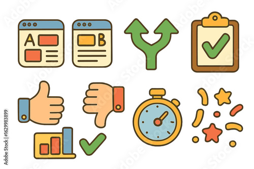 Colorful A_B Testing Icons. Flat vector mini-illustrations A/B testing campaign results in colors children's illustrations: two