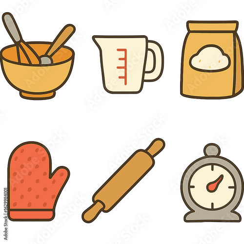 Colorful Baking Basics. Flat vector mini-illustrations baking fundamentals in colors children's illustrations: mixing bowl, whisk,