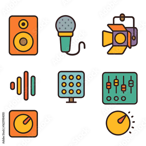 Colorful Audio Controls. Flat vector mini-illustrations sound and lighting controls in colors children's illustrations: speaker,