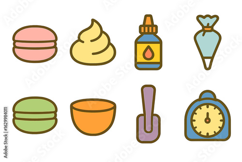 Colorful Baking Icons. Flat vector mini-illustrations macaron sandwiching in colors children's illustrations: macaron shells,