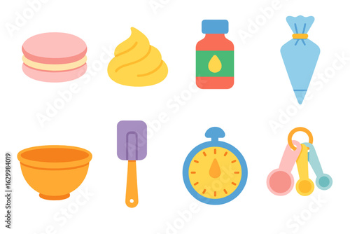 Colorful Baking Icons. Flat vector mini-illustrations macaron sandwiching in colors children's illustrations: macaron shells,