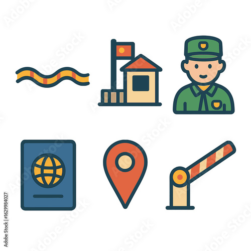 Colorful Borders Icons. Flat vector mini-illustrations National borders in colors children’s illustrations: boundary line, border