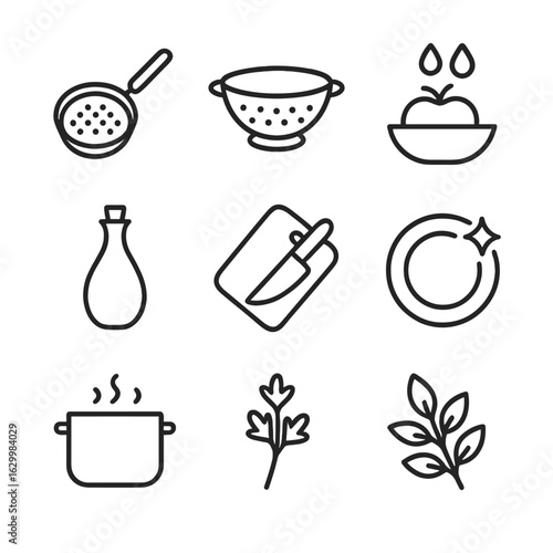 Food Purification Icons. Outline icon set of food purification: strainer, colander, water rinse, vinegar bottle, cutting board,