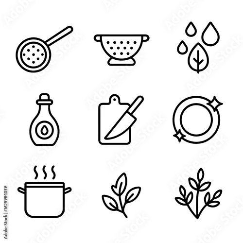 Food Purification Icons. Outline icon set of food purification: strainer, colander, water rinse, vinegar bottle, cutting board,