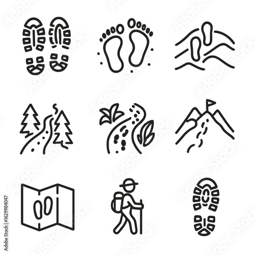 Footprints Icon Set. Outline icon set of footprints in travel and exploration: trekking footprints, beach footprints, desert