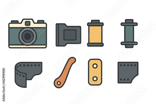 Colorful Camera Components. Flat vector mini-illustrations film roll loading in colors children's illustrations: vintage camera
