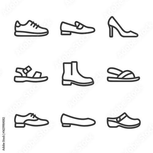 Footwear Icon Grid. Outline icon set of footwear styles: sneakers, loafers, high heels, sandals, boots, flip flops, oxford shoes,