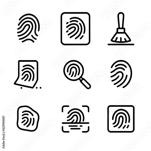 Forensic Icon Set. Outline icon set of smudge in forensic and crime: fingerprint smudge, smudged print, fingerprint powder, crime