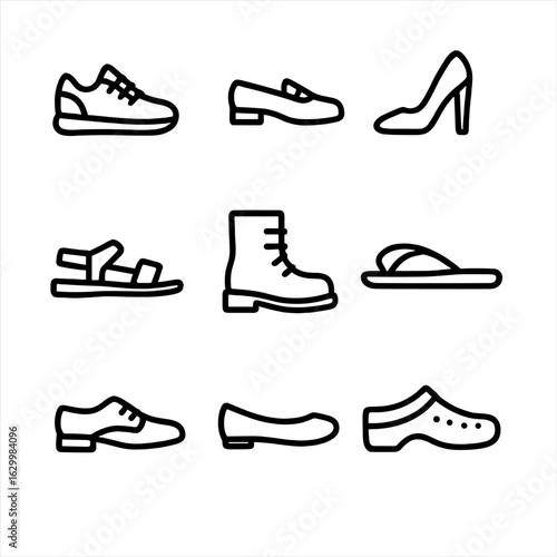 Footwear Icon Grid. Outline icon set of footwear styles: sneakers, loafers, high heels, sandals, boots, flip flops, oxford shoes,