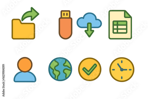 Colorful Children's Icons. Flat vector mini-illustrations data portability export in colors children's illustrations: arrow