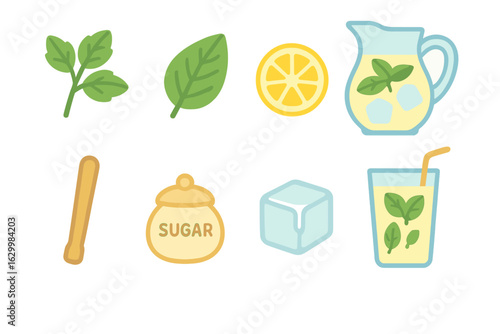 Colorful Children's Drink Icons. Flat vector mini-illustrations fresh herb-infused lemonade in colors children's illustrations: