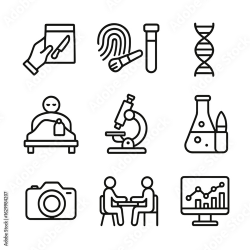 Forensic Procedure Icons. Outline icon set of forensic procedures: evidence collection, fingerprint dusting, DNA extraction,