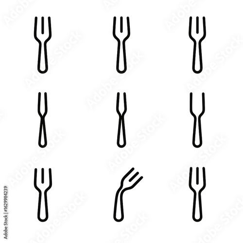 Fork Icon Set. Outline icon set of dining forks: standard fork, salad fork, dessert fork, seafood fork, cocktail fork, carving
