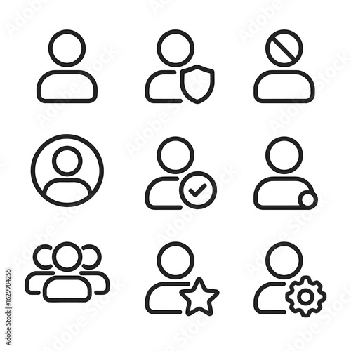 Forum User Icons. Outline icon set of forum users: member avatar, admin shield, banned user, guest icon, verified user, online
