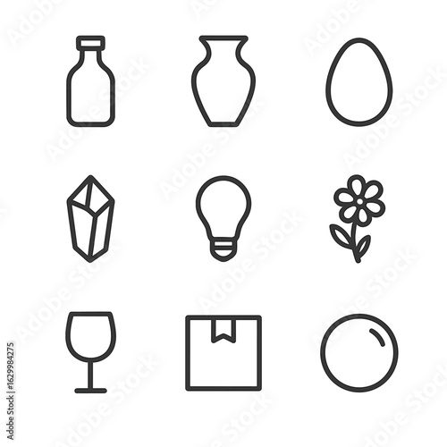 Fragile Icons Collection. Outline icon set of fragile objects: glass bottle, porcelain vase, egg, crystal, light bulb, delicate