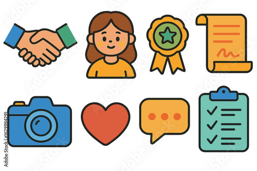 Colorful Collaboration Icons. Flat vector mini-illustrations influencer collaboration audit in colors children's illustrations: