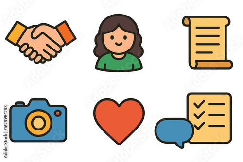 Colorful Collaboration Icons. Flat vector mini-illustrations influencer collaboration audit in colors children's illustrations: