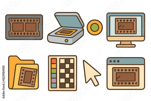 Colorful Film Scanning Icons. Flat vector mini-illustrations film negative scanning in colors children's illustrations: film