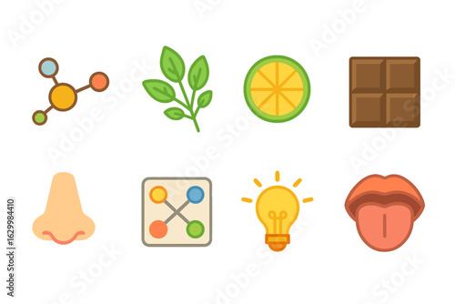 Colorful Food Chemistry Icons. Flat vector mini-illustrations starch retrogradation in baked goods in colors children's