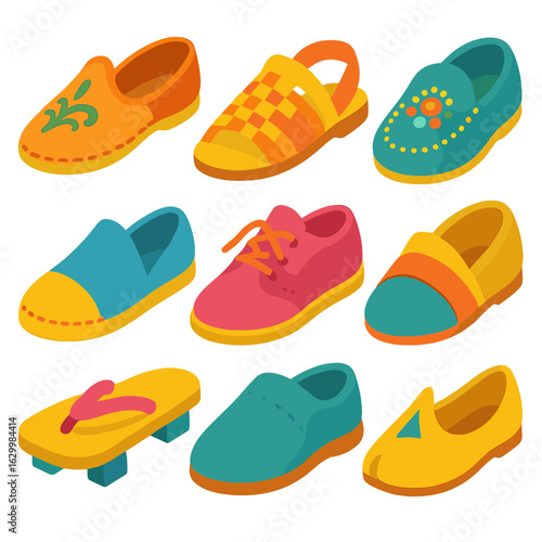 Colorful Footwear Icons. Flat vector mini-illustrations traditional footwear reimagined in colors children's illustrations: