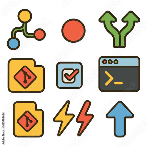 Colorful Git Icons. Flat vector mini-illustrations version control with Git in colors children's illustrations: Git branch tree,