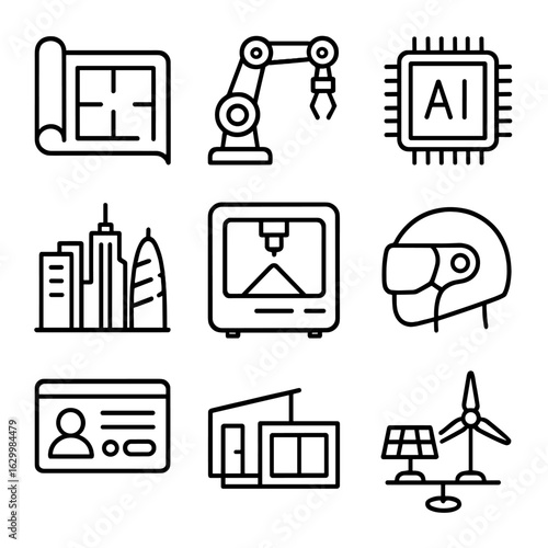 Future Builder Icons. Outline icon set of future builder: blueprint scroll, robotic arm, AI chip, futuristic cityscape, 3D printer