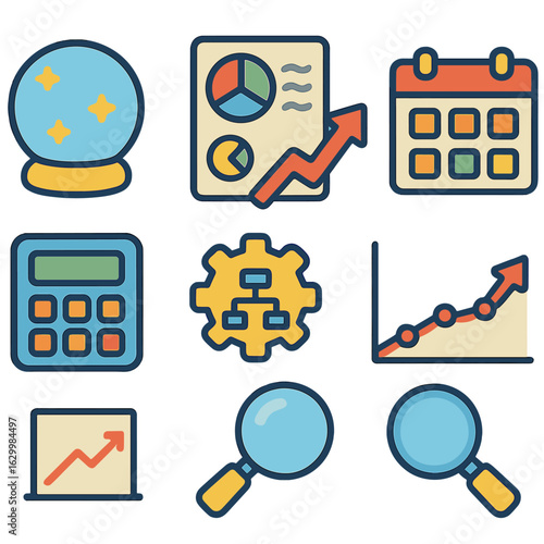 Colorful GDP Forecasting Tools. Flat vector mini-illustrations GDP forecasting tools in colors children's illustrations: crystal