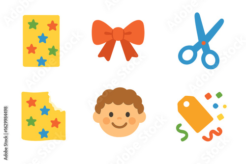 Colorful Gift Unwrapping. Flat vector mini-illustrations unwrapping a gift package in colors children's illustrations: wrapping