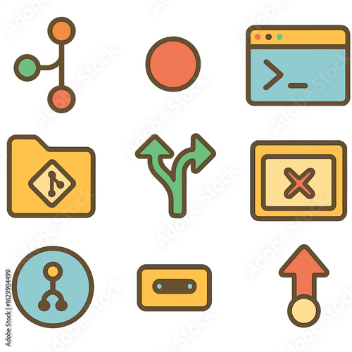 Colorful Git Icons. Flat vector mini-illustrations version control with Git in colors children's illustrations: Git branch tree,