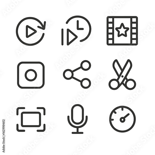 Game Replay Icon Set. Outline icon set of game replay features: replay button, slow-motion toggle, highlight reel, record gameplay