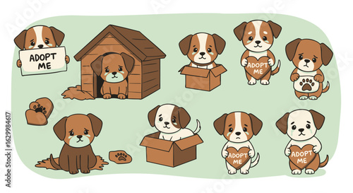 Cute cartoon dogs seeking adoption, various poses and holding signs.