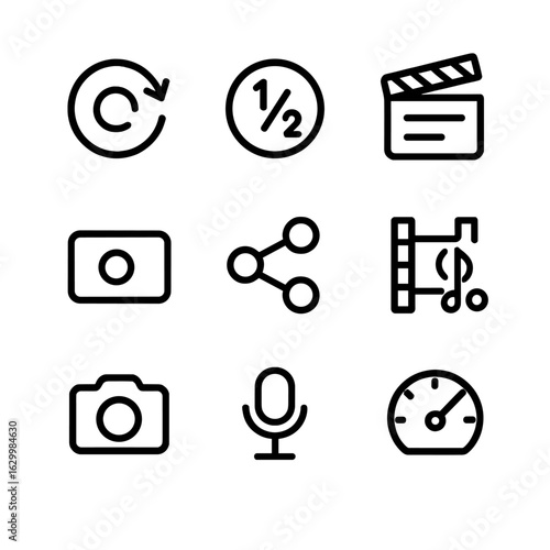 Game Replay Icon Set. Outline icon set of game replay features: replay button, slow-motion toggle, highlight reel, record gameplay