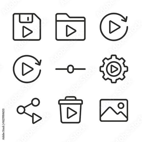 Game Replay Icons. Outline icon set of game replay mechanics: save replay icon, load replay icon, rewind replay icon, fast-forward