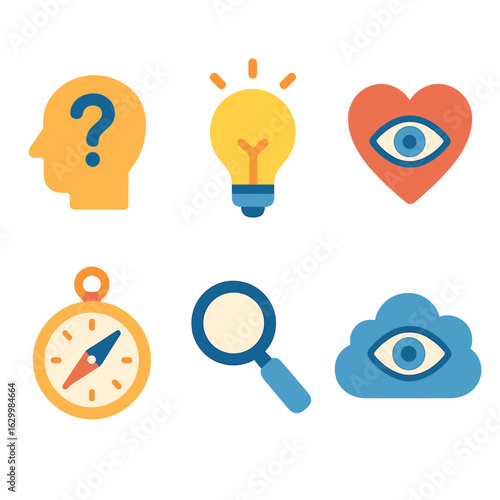 Colorful Intuition Icons. Flat vector mini-illustrations of intuition in colors children’s illustrations: head with question mark,