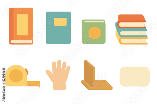 Colorful Kids Bookshelf. Flat vector mini-illustrations size graded bookshelf organization in colors children's illustrations:
