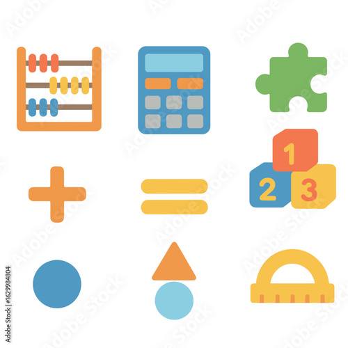 Colorful Math Puzzle Icons. Flat vector mini-illustrations math puzzle games in colors children's illustrations: abacus,
