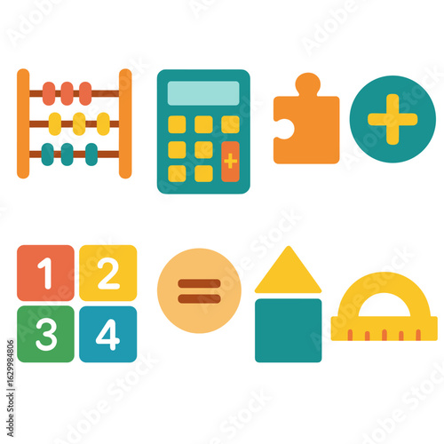 Colorful Math Puzzle Icons. Flat vector mini-illustrations math puzzle games in colors children's illustrations: abacus,