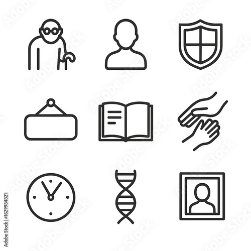Generational Legacy Icons. Outline icon set of generational legacy: elder figure, child silhouette, family crest, nameplate,