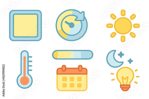 Colorful Lighting Icons Grid. Flat vector mini-illustrations tunable white fixtures in colors children's illustrations: LED panel,