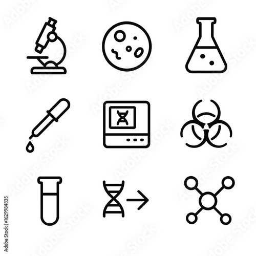 Genetic Research Icons. Outline icon set of genetic research tools: microscope, petri dish, lab flask, pipette, gene sequencer,