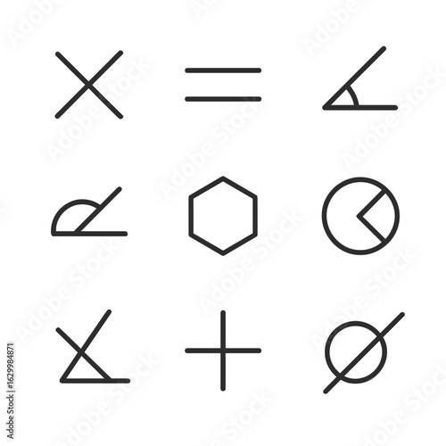 Geometric Icons Grid. Outline icon set of geometric constructions: intersecting lines, parallel lines, angles, arcs, polygons,