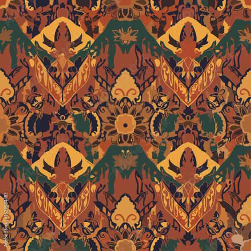 A richly detailed and bohemian seamless pattern with a kaleidoscopic, intricate damask and floral design. The earthy and autumnal color palette gives it a warm, luxurious tapestry feel.