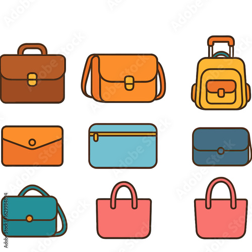 Colorful Office Bags Icons. Flat vector mini-illustrations office bags and briefcases in colors children's illustrations: leather