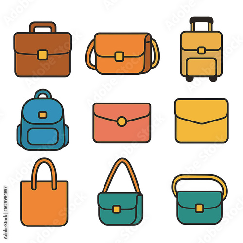 Colorful Office Bags Icons. Flat vector mini-illustrations office bags and briefcases in colors children's illustrations: leather