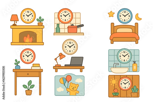 Colorful Room Clocks. Flat vector mini-illustrations thematic room clock arrangements in colors children's illustrations: living