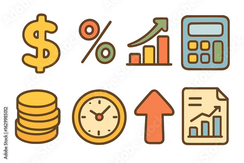 Colorful ROI Icons. Flat vector mini-illustrations social media ROI calculation in colors children's illustrations: dollar sign,