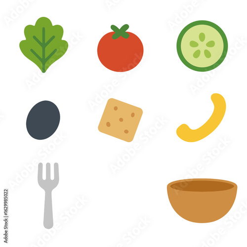 Colorful Salad Icons. Flat vector mini-illustrations fresh salad bowl compositions in colors children's illustrations: lettuce