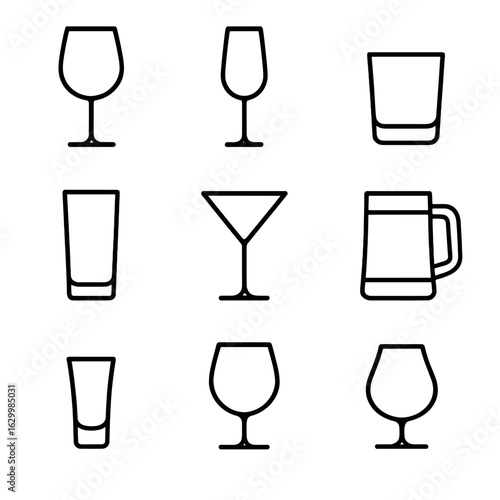 Glassware Icon Set. Outline icon set of glassware types: wine glass, champagne flute, whiskey tumbler, highball glass, martini